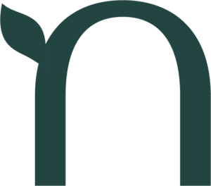 A stylized, dark green lowercase letter 'n' with a leaf-like extension on the top left side.