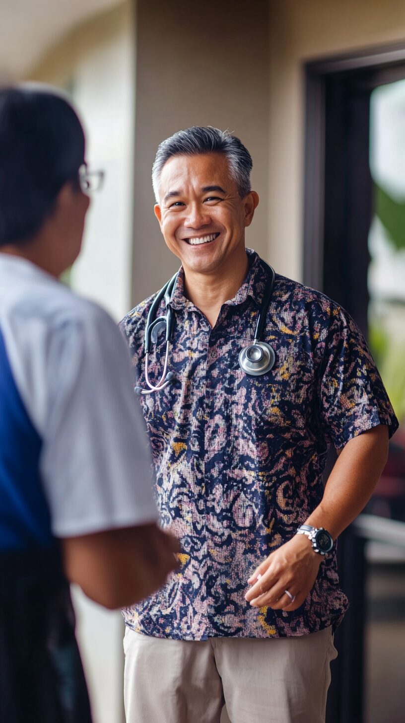 A doctor with a stethoscope smiles and talks to another person outdoors.