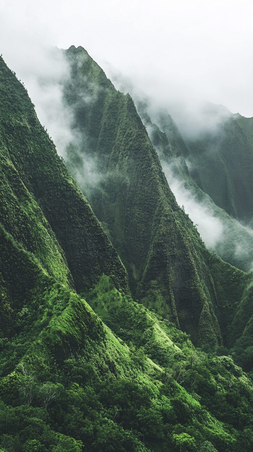 Fog envelops lush, green mountains with steep, jagged peaks.