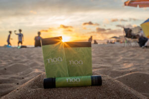 Two noa botanicals packages, a Holoholo pre-roll, and a tube rest on the sand. In the background, people enjoy a stunning beach sunset.